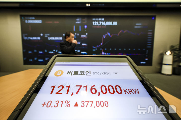 [서울=뉴시스] 정병혁 기자 = (기사와 무관한 사진) 지난달 10일 서울 강남구 업비트 고객센터에 설치된 태블릿에 비트코인 시세가 표시되고 있다. 2025.04.10. jhope@newsis.com