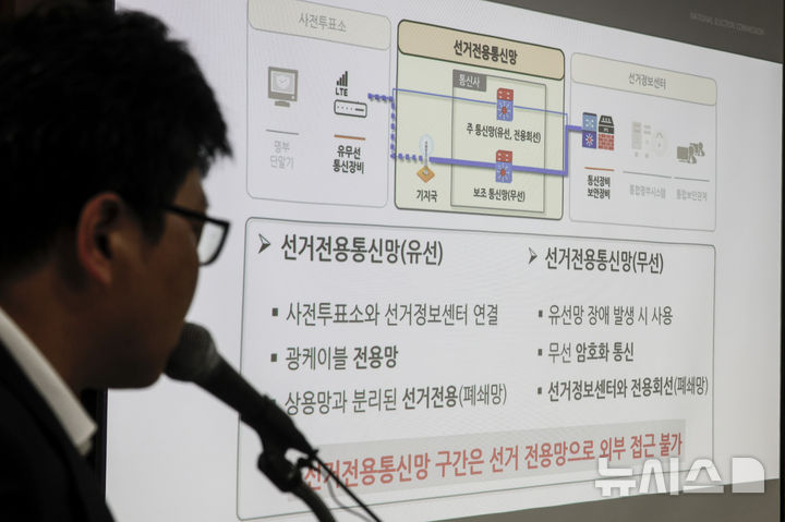 [과천=뉴시스] 정병혁 기자 = 10일 경기 과천시 중앙선거관리위원회에서 열린 21대 대선 (사전)투·개표 절차 시연회에서 선관위 관계자가 (사전)투·개표 보안관리체계에 대해 발표하고 있다. 2025.04.10. jhope@newsis.com