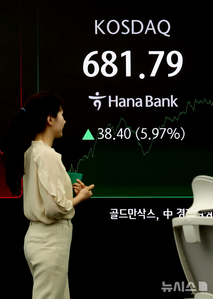 [서울=뉴시스] 이영환 기자 = 코스닥 지수가 전 거래일(643.39)보다 38.4포인트(5.97%) 오른 681.79에 마감한 10일 오후 서울 중구 하나은행 딜링룸 전광판에 지수가 표시되고 있다. 코스피는 전 거래일(2293.70)보다 151.36포인트(6.6%) 상승한 2445.06, 서울 외환시장에서 원·달러 환율은 전 거래일 주간거래 종가(1484.1원)보다 27.7원 내린 1456.4원에 주간 거래를 마감했다. 2025.04.10. 20hwan@newsis.com