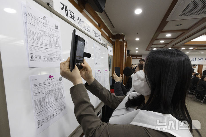 [서울=뉴시스] 정병혁 기자 = 10일 오후 경기도 과천시 중앙선거관리위원회에서 열린 제21대 대통령 선거 투·개표 절차 시연회에서 선관위 직원들이 개표 상황표 게시대의 개표상황표를 찍는 상황을 시연하고 있다.(공동취재) 2025.04.10. photo@newsis.com