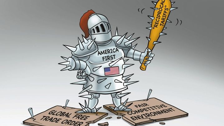  [서울=뉴시스] 돈키호테 철갑 복장을 한 전사(戰士) ‘미국 우선주의’가 ‘상호 관세’ 방망이를 들고 자유무역질서와 공정한 경쟁 환경을 짓밟는 것을 형상화한 환구시보의 삽화. 2025.04.11. *재판매 및 DB 금지