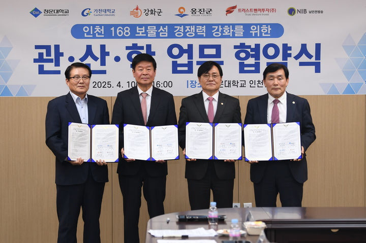 [인천=뉴시스] 지난 10일 인천 미추홀구 청운대 인천캠퍼스에서 김충식(왼쪽부터) 가천대 특임 부총장, 정윤 청운대 총장, 박용철 강화군수, 문경복 옹진군수가 인천 168 보물섬 경쟁력 강화 업무협약 체결한 뒤 기념촬영을 하고 있다. (사진=강화군 제공) 2025.04.11. photo@newsis.com *재판매 및 DB 금지