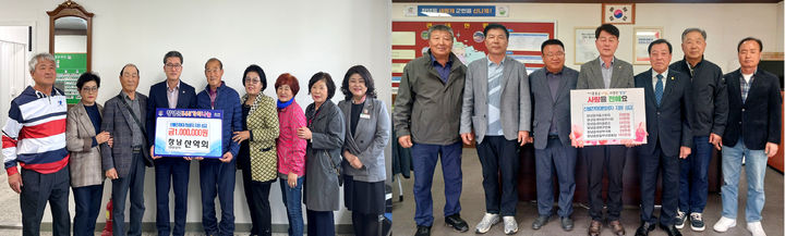 [창녕=뉴시스] 창남산악회(왼쪽)와 창녕읍 각 사회단체에서 산불진화대 피해 지원을 위해 성금을 기탁하고 있다. (사진=창녕군 제공) 2025.04.11. photo@newsis.com *재판매 및 DB 금지