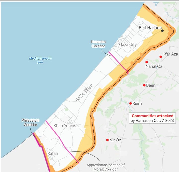 [AP/뉴시스] 가자 지구를 ‘분할’하는 이스라엘이 구축한 네자림, 모라그, 필라델피아 회랑의 위치. 2025.04.12. *재판매 및 DB 금지