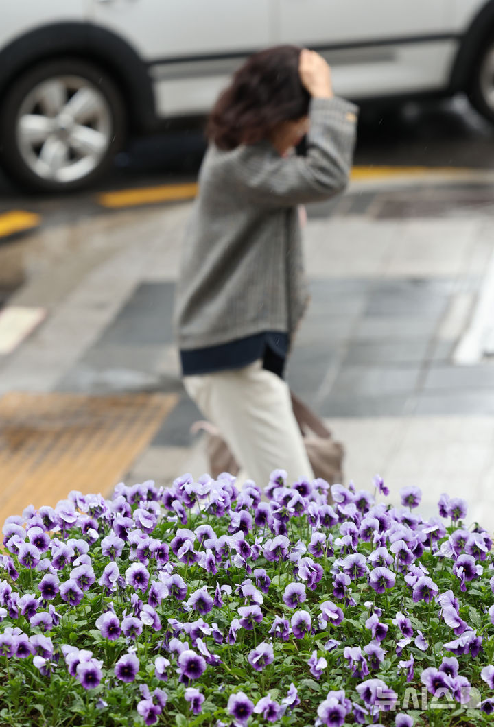 [서울=뉴시스] 김금보 기자 = 쌀쌀한 봄 날씨 속 종일 비가 내리다 그치기를 반복한 14일 서울 강남구 테헤란로에서 시민들이 비를 피해 발걸음을 재촉하고 있다. 2025.04.14. kgb@newsis.com