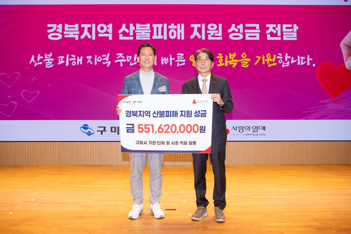 [구미=뉴시스] 김장호(왼쪽) 시장이 전우헌 경북사회복지공동모금회장에게 성금을 전달하고 있다. (사진=구미시 제공) 2025.04.15 photo@newsis.com *재판매 및 DB 금지
