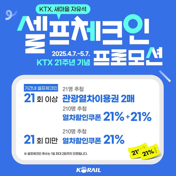 코레일 'KTX·ITX-새마을 셀프체크인' 이용객 대상 경품 행사