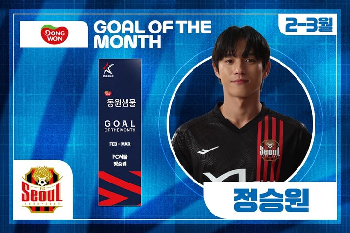 [서울=뉴시스] 프로축구 K리그1 FC서울의 정승원, 하나은행 K리그1 2025 2~3월 '안심을 마시다 동원샘물 이달의 골' 수상. (사진=한국프로축구연맹 제공) *재판매 및 DB 금지