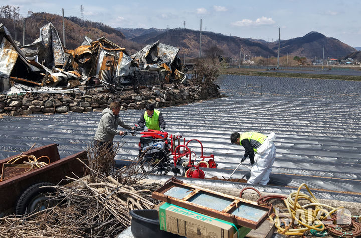 [영양=뉴시스] 이무열 기자 = 경북 영양군 석보면 화매리 한 농가에서 산불 피해를 입은 농민과 농촌진흥청 농업기계 안전전문관들이 농기계로 밭을 일구고 있다. 2025.04.15. lmy@newsis.com
