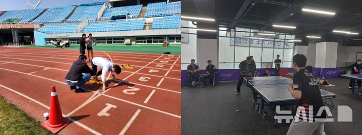 [안산=뉴시스]안산시 직장운동경기부 육상부(왼쪽)과 탁구부(오른쪽) 선수들이 각각 재능기부 활동을 진행하고 있다.(사진=안산시 제공)2025.04.16.photo@newsis.com