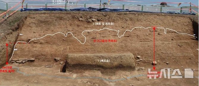 [김해=뉴시스] 세계유산 대성동고분군에서 '김해 고읍성' 성벽몸체 확인. (사진=김해시 제공) 2025.04.16. photo@newsis.com