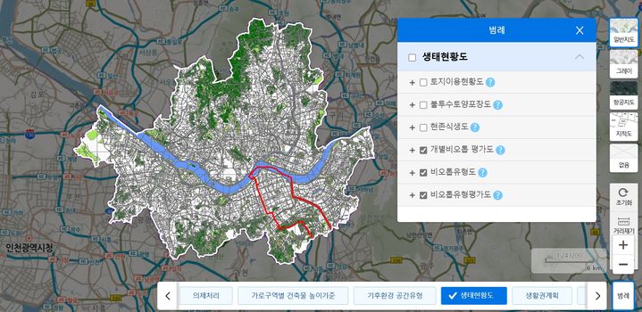 [서울=뉴시스] 비오톱1등급 토지 등이 반영된 서울시 도시생태현황도. 2025.04.17 (사진 출처=서울도시공간포털 캡처) photo@newsis.com *재판매 및 DB 금지
