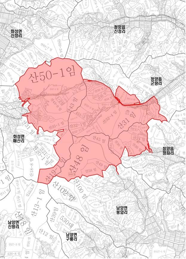 [청양=뉴시스] 충남도 산림자원연구소 이전 조성사업 예정지 토지거래허가구역 지형도면&nbsp; *재판매 및 DB 금지