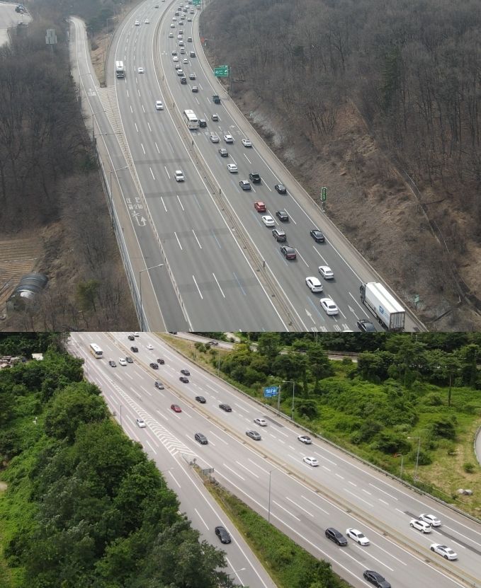 [서울=뉴시스]영동고속도로 버스전용차로 양지나들목(IC) 인근 폐지 전(위쪽 사진)과 폐지 후를 비교한 모습. 2025.04.18. (사진=한국도로공사 제공) photo@newsis.com *재판매 및 DB 금지