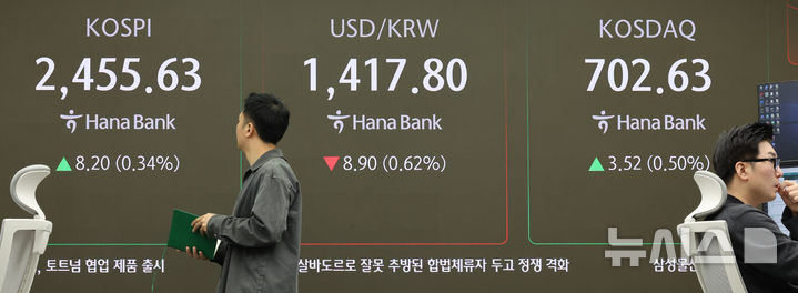 [서울=뉴시스] 김금보 기자 = 17일 오전 서울 중구 하나은행 딜링룸에서 딜러들이 업무를 하고 있다. 코스피는 전 거래일(2447.43)보다 4.27포인트(0.17%) 오른 2451.70에, 코스닥 지수는 전 거래일(699.11)보다 1.00포인트(0.14%) 상승한 700.11에 거래를 시작했다. 서울 외환시장에서 원·달러 환율은 전 거래일 주간거래 종가(1426.7원)보다 10.7원 내린 1416원에 출발했다. 2025.04.17. kgb@newsis.com