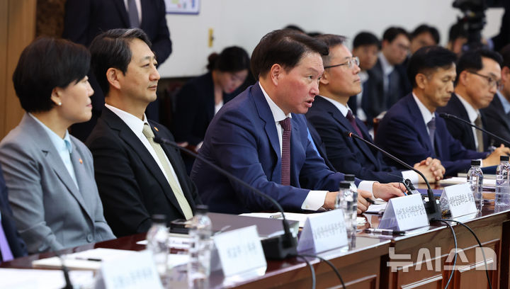 [서울=뉴시스] 최진석 기자 = 최태원 대한상공회의소 회장이 17일 정부서울청사에서 열린 제6차 2025년 아시아태평양경제협력체(APEC) 정상회의 준비위원회에서 발언하고 있다. 2025.04.17. myjs@newsis.com