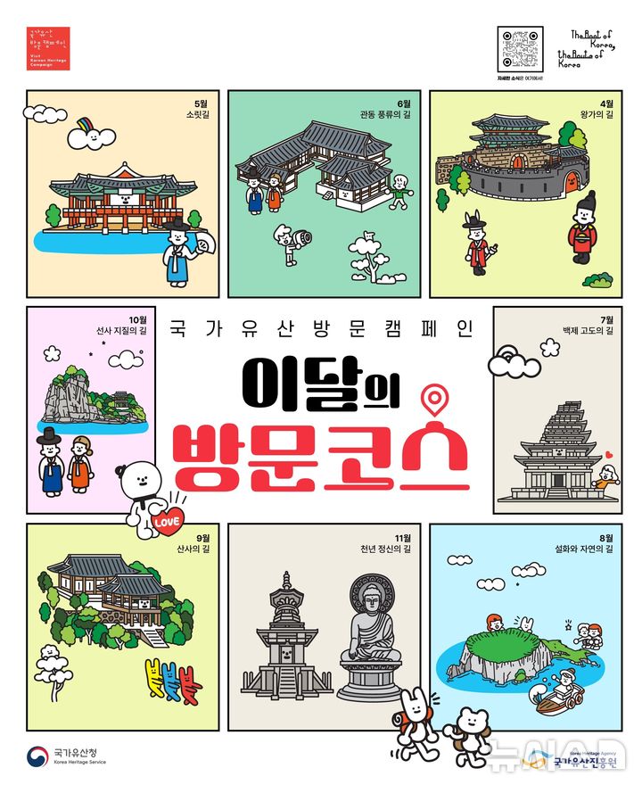 [서울=뉴시스] 국가유산청은 국가유산진흥원과 '2025년 국가유산 방문 캠페인'의 일환으로 매월 방문하기 좋은 국가유산 방문 코스를 선정해 무료 또는 할인 입장, 숙박 및 교통 할인권 지급 등의 다양한 혜택을 제공하는 '이달의 방문코스'를 새롭게 선보인다. (사진=국가유산청 제공) 2025.04.18. photo@newsis.com