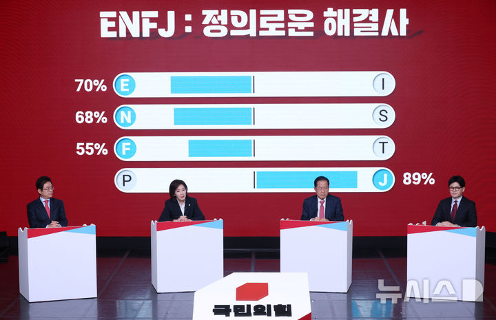 [서울=뉴시스] 국회사진기자단 = 나경원 제21대 대통령 선거 국민의힘 경선 후보가 20일 서울 강서구 ASSA아트홀에서 열린 '제21대 대통령 선거 국민의힘 1차 경선 B조 토론회'에서 MBTI 자기소개를 하고 있다. 2025.04.20. photo@newsis.com