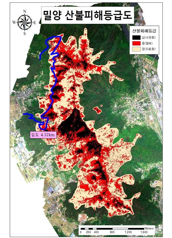[대전=뉴시스] 지난 2022년 발생한 밀양산불 피해 등급도. 임도가 설치된 북서쪽 지역의 피해는 적은 반면 임도가 없는 중앙부나 남쪽 지역의 경우 피해가 더 큰 것을 확인할 수 있다.(사진=산림청 제공) *재판매 및 DB 금지