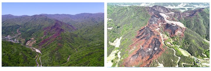 [세종=뉴시스] 지리산국립공원 하동의 산불 피해지(왼쪽)와 합천의 산불 피해지(오른쪽) 모습. 하동의 경우 임도가 설치돼있지 않지만, 합천은 임도가 길게 깔려있다. (사진=국립공원공단). *재판매 및 DB 금지