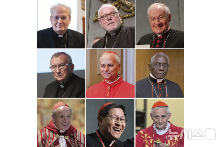 [AP/뉴시스] (왼쪽 상단부터) 페테 에르도, 라인하르트 마르크스, 마르크 우엘레트, 피에트로 파롤린, 로버트 프레보스트, 로버트 사라, 크리스토프 쇤보른, 루이스 타글레, 마테오 주피 추기경. 2025.04.22.