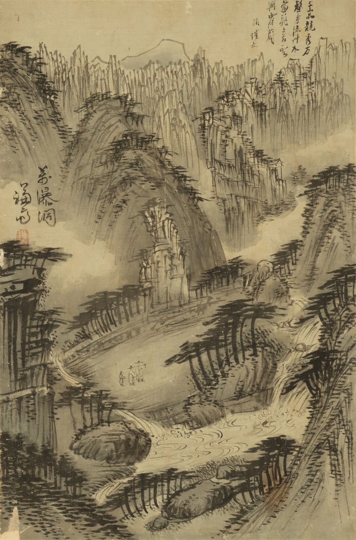 정선, 만폭동도(萬瀑洞圖), 《겸현신품첩謙玄神品帖》, 18세기, 비단에 수묵담채, 33.3×22.0cm, 서울대학교박물관 소장. 《겸현신품첩》은 겸재 정선과 현재(玄齋) 심사정(沈師正)의 작품을 모은 화첩이다. 이중 금강산 그림으로는 <혈망봉도(穴望峰圖)>와 <만폭동도(萬瀑洞圖)>가 있다. 혈망봉과 만폭동은 모두 내금강에 위치한 명소로, 주로 금강내산(金剛內山)을 화폭의 주제로 삼았던 정선의 특징을 보여준다. *재판매 및 DB 금지