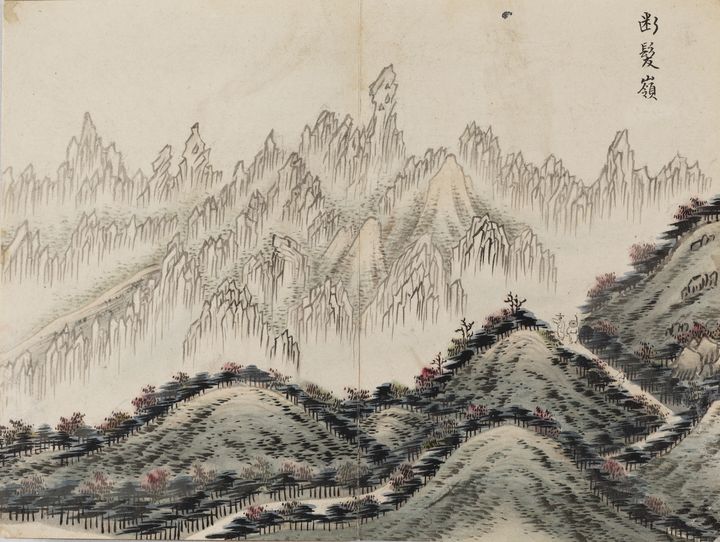 이풍익_단발령(斷髮嶺)_ 《동유첩(東遊帖)》, 1825-1938, 종이에 수묵채색, 20.0×26.6cm, 성균관대학교박물관 소장. 『동유첩(東遊帖)』은 이풍익이 금강산을 유람한 후 제작한 일종의 시문(詩文) 화첩으로, 기행문인 「동유기(東遊記)」와 「동유시(東遊詩)」, 금강산 그림 28폭이 포함되어 있다. 이 28폭의 금강산도는 전 김홍도의 《금강사군첩(金剛四郡帖) 60폭》에서 다루어진 화제(畵題)와 구도, 형상 면에서 유사한 특징을 보인다. 특히 각 그림에는 해당 지리적 위치와 역사적 유래를 설명하는 시문 28편이 함께 수록되어, 객관적 정보에 대한 시각자료로서의 역할을 한다. 이러한 정보 중심의 유람기는 20세기 금강산 관광이 근대화되면서 출간된 금강산 안내서나 전문서적과도 유사한 성격을 지닌다. *재판매 및 DB 금지