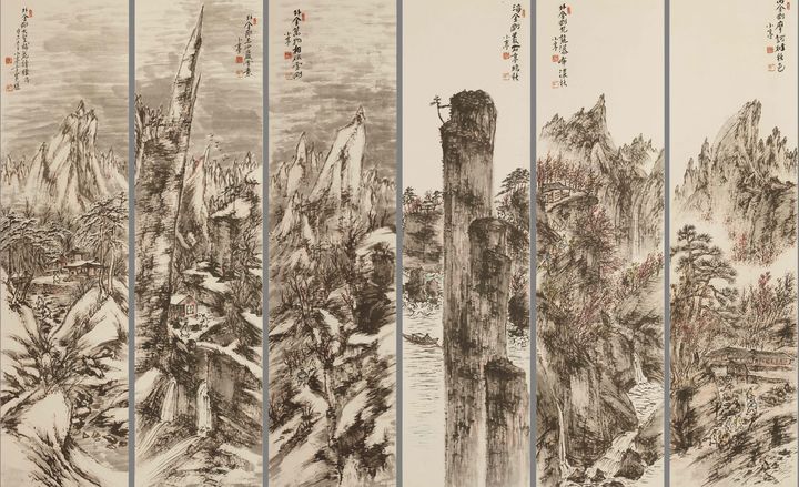 변관식, 《금강사계(金剛四季)》, 1960, 종이에 수묵담채, 각 124.5×32.0㎝, 인주문화재단 소장. <금강사계>는 총 6폭으로 구성된 사계절 산수화이다. 1폭과 2폭에는 내금강 마하연(摩訶衍)과 외금강 구룡폭(九龍瀑)의 봄이, 3폭 해금강, 총석정(叢石亭)에는 여름이 그려져 있다. 4폭 외금강 만물상(萬物相)과 5폭 외금강 삼선암(三仙岩)은 가을, 6폭 외금강 대성매화독경암(大聖梅花讀經庵)은 겨울이 표현되었다. 그중 1폭부터 5폭까지는 실제 금강산의 지명이지만, 6폭은 실제 사용하는 지명이 아니라는 점에서 작가의 상상이 가미된 공간으로 추정된다. *재판매 및 DB 금지
