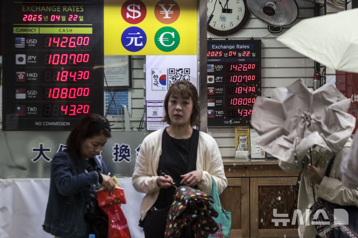 [서울=뉴시스] 니혼게이자이신문에 따르면 이날 오후 2시 기준 엔·달러 환율은 달러당 151.11~151.13엔으로, 전날 오후 5시 대비 0.37엔 상승해 엔화 약세·달러 강세를 기록했다. 사진은 서울 중구 명동에 위치한 환전소에 환율 정보가 나와있다. 2025.10.21.