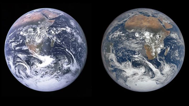1972년 12월 7일 아폴로 17호 우주비행사들이 촬영한 지구 사진인 '블루 마블(Blue Marble) 사진(왼쪽)과 NASA의 심우주기후관측위성(DSCOVR)이 50년 뒤인 2022년 12월 7일 촬영한 새로운 블루 마블. (사진=NASA) *재판매 및 DB 금지