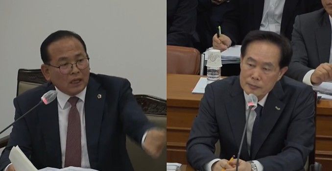 [부산=뉴시스] 23일 오후 진행된 부산도시공사에 대한 부산시의회 건설교통위원회 긴급현안질의에서 신창호 부산도시공사 사장(오른쪽)에게 안재권(국민의힘·연제구1)이 질의를 하고 있다. (사진=부산시의회 누리집 캡처 2025.04.23. photo@newsis.com *재판매 및 DB 금지