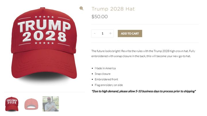 [서울=뉴시스] 트럼프그룹이 운영하는 공식 스토어인 트럼프 스토어에서 'TRUMP 2028' 모자 판매를 시작했다 (사진=트럼프 스토어 캡쳐) 2025.04.25 *재판매 및 DB 금지