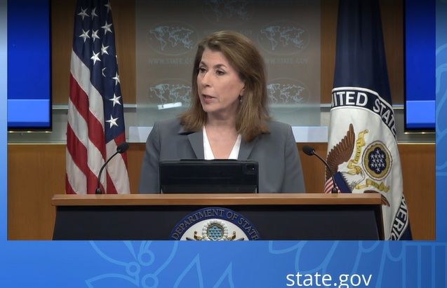 [서울=뉴시스]태미 브루스 미국 국무부 대변인이 지난 4월 24일(현지 시간) 정례브리핑하고 있다. (사진=국무부 홈페이지 영상 캡처) 2025.06.04. *재판매 및 DB 금지