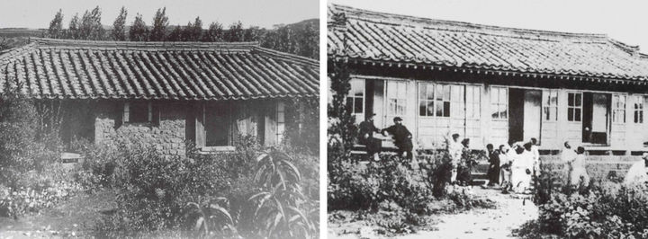 [제주=뉴시스] 왼쪽은 페네 신부가 건물을 매입하고 설립한 성당으로 지금의 천주교 제주교구청, 제주중앙성당이 시작된 곳이다. 오른쪽은 제주 최초의 여학교인 신성여학교 모습이다. 2장 모두 정원을 만든 장면이 확연하다. 출처는 신성학원에서 발간한 '사진으로 본 신성 100년'. photo@newsis.com *재판매 및 DB 금지