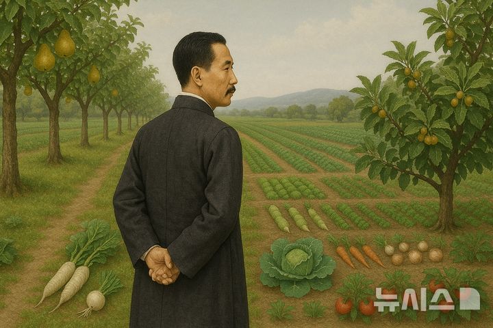 [제주=뉴시스] 제주에서 유배생활을 한 박영효가 과수원에서 다양한 작물을 재배하는 장면을 챗GPT에서 그림 이미지로 생성했다. photo@newsis.com