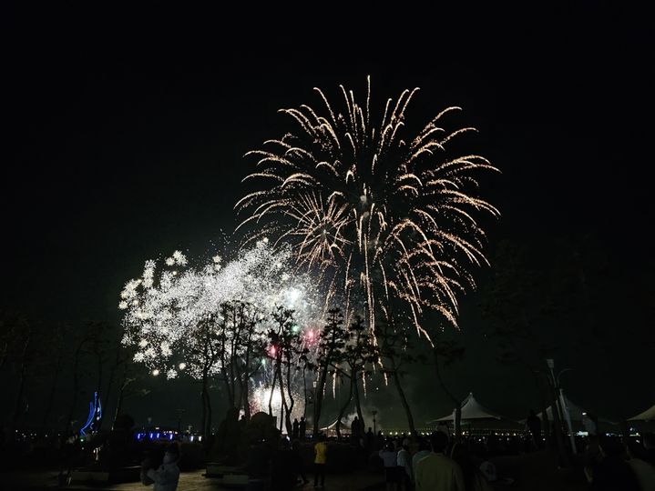 [당진=뉴시스] 김덕진 기자=지난 26일 밤 충남 당진시 삽교호 관광지 드론쇼 대미를 장식한 불꽃놀이가 삽교호 하늘을 수놓고 있다. 2025.04.27. spark@newsis.com *재판매 및 DB 금지