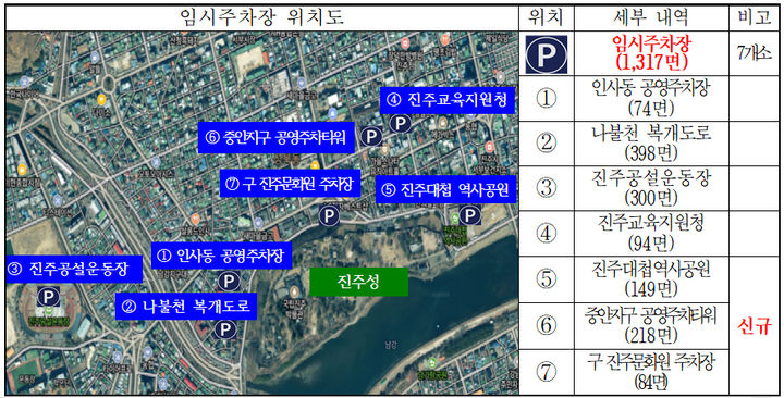 [진주=뉴시스]진주시, '진주논개제' 기간 임시주차장 7개소 위치도.(사진=진주시 제공).2025.04.27.photo@newsis.com *재판매 및 DB 금지
