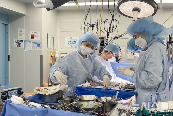 [부천=뉴시스] 부천세종병원에서 교육연수 중인 베트남 쵸레이병원 소속 트란 티 김 푸엉(Tran Thi Kim Phuong) 간호사가 세종병원 의료진과 함께 수술에 참여하는 모습. (사진=부천세종병원 제공) 2025.04.28. photo@newsis.com