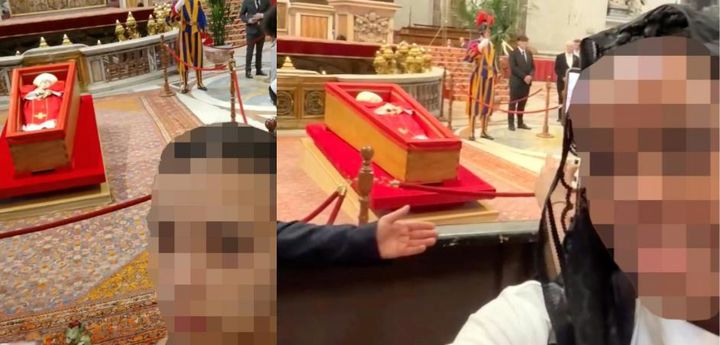 [서울=뉴시스] 일반 조문 첫날인 23일, 일부 조문객들이 휴대전화를 높이 들어 사진을 찍거나 셀카를 촬영하는 모습이 목격됐다. (사진= SNS 갈무리 ) 2025.04.28. photo@newsis.com *재판매 및 DB 금지