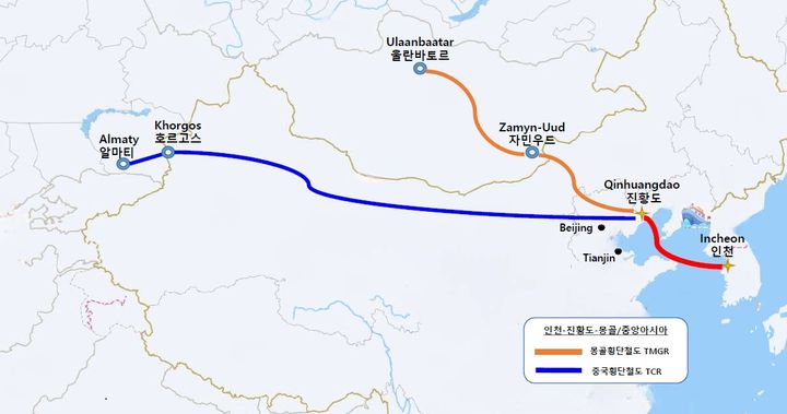 [인천=뉴시스] 몽골횡단철도 및 중국횡단철도 기반 물류 흐름도. (사진=인천항만공사 제공) 2025.04.29. photo@newsis.com *재판매 및 DB 금지