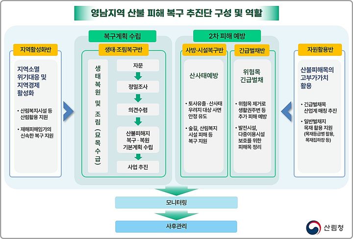 [대전=뉴시스] 영남지역 산불피해 복구 추진단 구성 및 역할.(사진=산림청 제공) *재판매 및 DB 금지