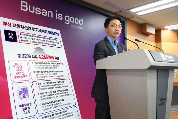 [부산=뉴시스] 박동석 부산시 첨단산업국장이 29일 부산시청 기자회견장에서 제51차 비상경제회의에서 논의 된 '부산 자동차산업 위기극복 대응전략'을 발표했다. (사진=부산시 제공) 2025.04.29. photo@newsis.com *재판매 및 DB 금지