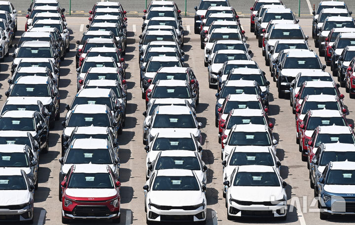 [평택=뉴시스] 김종택 기자 = 지난달 29일 경기 평택항 자동차 전용부두에 선적을 기다리는 수출용 차량이 세워져 있다. (사진은 기사와 직접 관련이 없습니다.) 2025.04.29. jtk@newsis.com