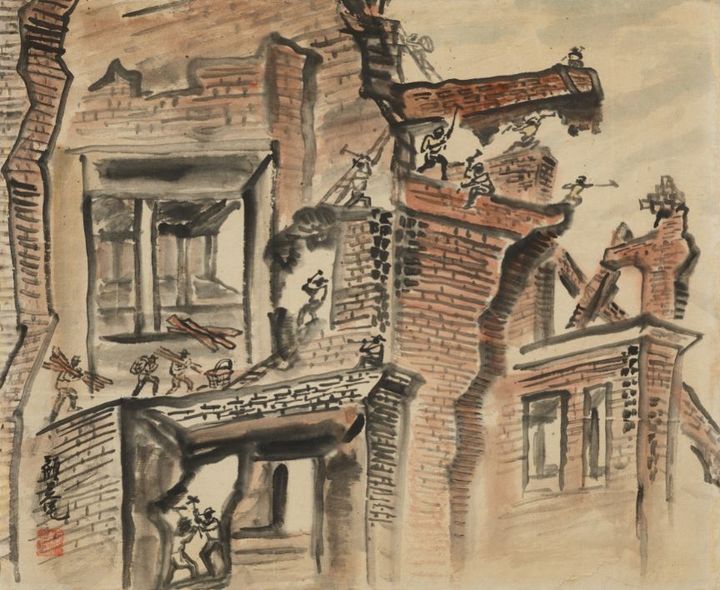 이응노, 〈재건현장〉, 1954, 종이에 먹, 색, 43×51.8cm, 국립현대미술관 소장. *재판매 및 DB 금지