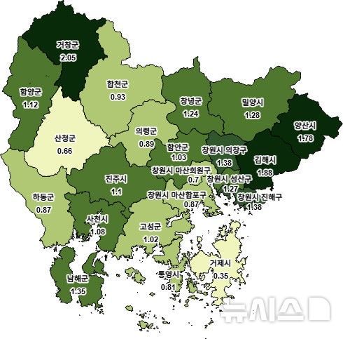[창원=뉴시스]2025년 경남 시·군·구별 개별공시지가 전년 대비 상승 현황. 평균 1.29% 상승.(자료=경남도 제공) 2025.004.30. photo@newsis.com