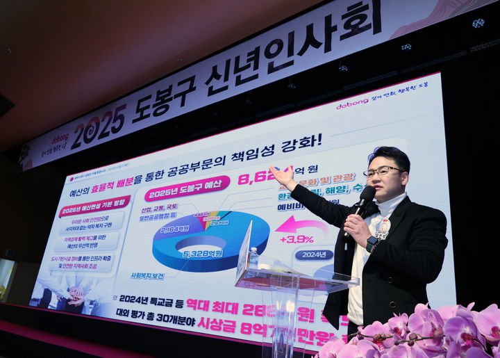 [서울=뉴시스] 오언석 도봉구청장이 2025년 신년인사회에서 신년사 발표를 하고 있다. 2025.04.30. (사진=도봉구 제공) *재판매 및 DB 금지