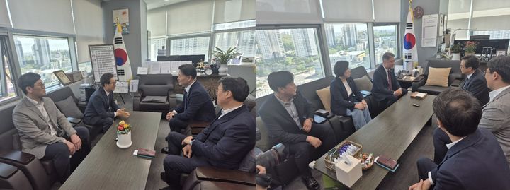 [수원=뉴시스] 이병희 기자 = 김동연 경기도지사가 30일 경기도의회를 찾아 최종현 더불어민주당 대표의원, 김정호 국민의힘 대표의원을 잇따라 만나고 있다. 2025.04.30. iambh@newsis.com *재판매 및 DB 금지