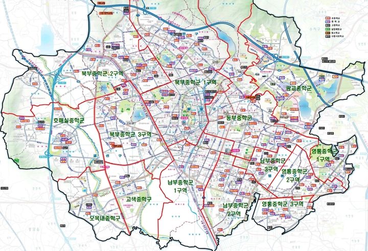 [수원=뉴시스] 경기 수원시 중학교 학군(구)도. (사진=경기도수원교육지원청 제공) 2025.04.30. photo@newsis.com *재판매 및 DB 금지