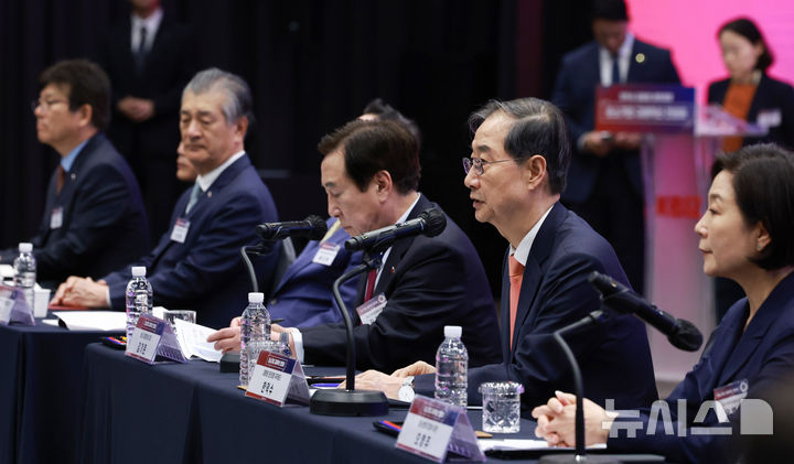 [서울=뉴시스] 고범준 기자 = 한덕수 대통령 권한대행 국무총리가 30일 서울 영등포구 중소기업중앙회에서 열린 중소기업 규제혁신 현장 소통 간담회에서 인사말을 하고 있다. (대통령실통신사진기자단) 2025.04.30. bjko@newsis.com