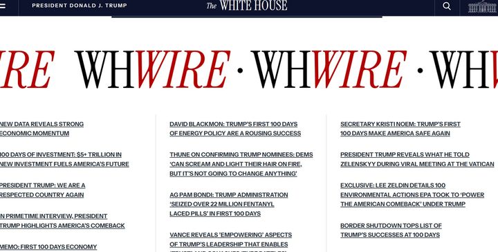 [서울=뉴시스]4월30일 백악관이 도널드 트럼프 대통령의 정책을 옹호하는 기사들만 모아두는 전문 웹사이트를 개설했다. 트럼프 옹호 웹사이트인 백악관 와이어. <사진출처: 사이트 캡쳐> 2025.05.01